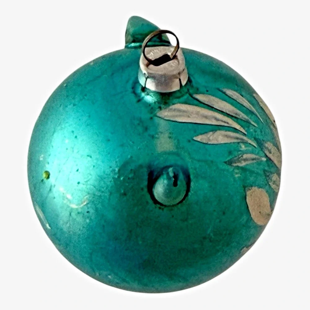 West Germany Teapot Christmas Ornament OS Aqua Blue Good Vintage Glass Floral
